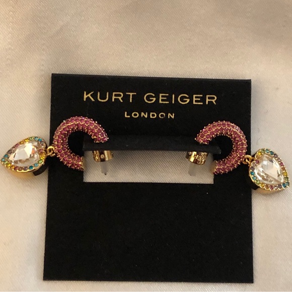 Kurt Geiger Gold Tone Pink Crystal Huggie Hoops With Heart Crystal Charm NWT - Picture 7 of 12